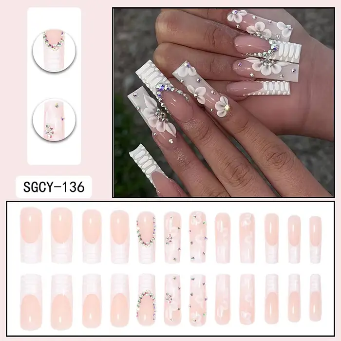 24 cerceaux longs avec motifs français, fleurs, points papillon, faux ongles brillants en diamant, à