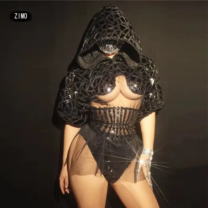 Costume de Scène GOGO Sexy à Paillettes Noires pour Femme, Tenue de Spectacle en Équipe de brev, Vêtements de Pole Transparents
