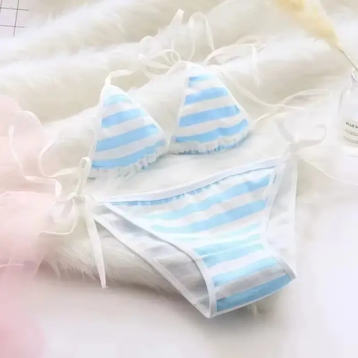 Japonské sexy spodní prádlo Lolita Kawaii, mini bikiny pruhované modré, růžové a bílé, cosplay pro dospělé, podprsenka, spodní prádlo, plavky set Frenum pro ženy