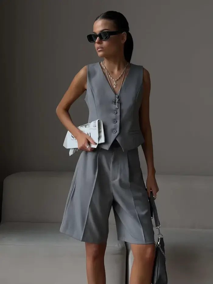 Wolfeel été femmes Chic gilet Shorts costume deux pièces ensemble bureau dames Chic 2 pièces ensembl