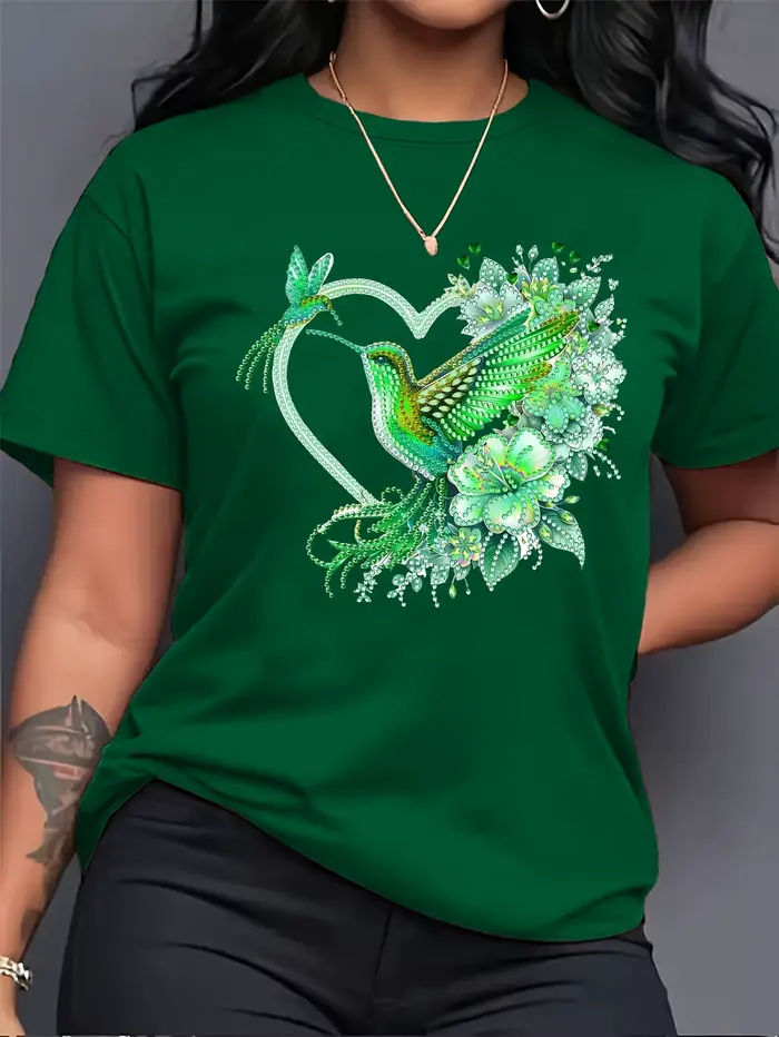 T-shirt pour femme Floral Hummingbird Heart - Motif Boho, haut rose décontracté