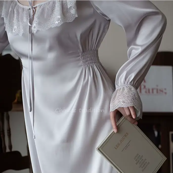 Chemise de nuit violette élégante, Vintage, col en dentelle, vêtements de nuit, rayonne, en Satin, manches longues, Lingerie, vêtements de nuit