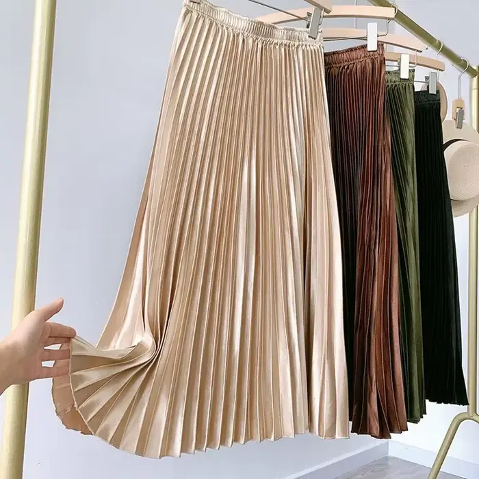 Jupe longue plissée en satin pour femme, jupe trapèze, taille haute, vintage, midi, coréen, document