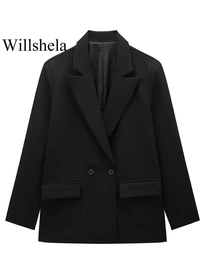 Willshela femmes mode avec poches solide Double boutonnage Blazer Vintage manches longues col cranté