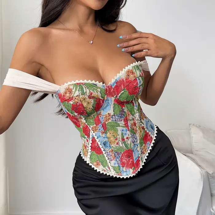 Corset en arête de poisson imprimé Jacquard pour femme bustier sexy épaules nues camisole haut court col licou gilet slim français d'été occassions spéciales