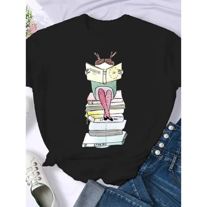 Café livres livres marron américain rétro T-shirt femme col rond demi manches T-shirt imprimé T-shir