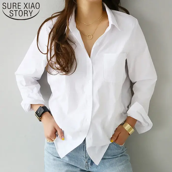 Bavlněná bílá halenka pro ženy Blusas Mujer De Moda OL Styl volný top s dlouhým rukávem