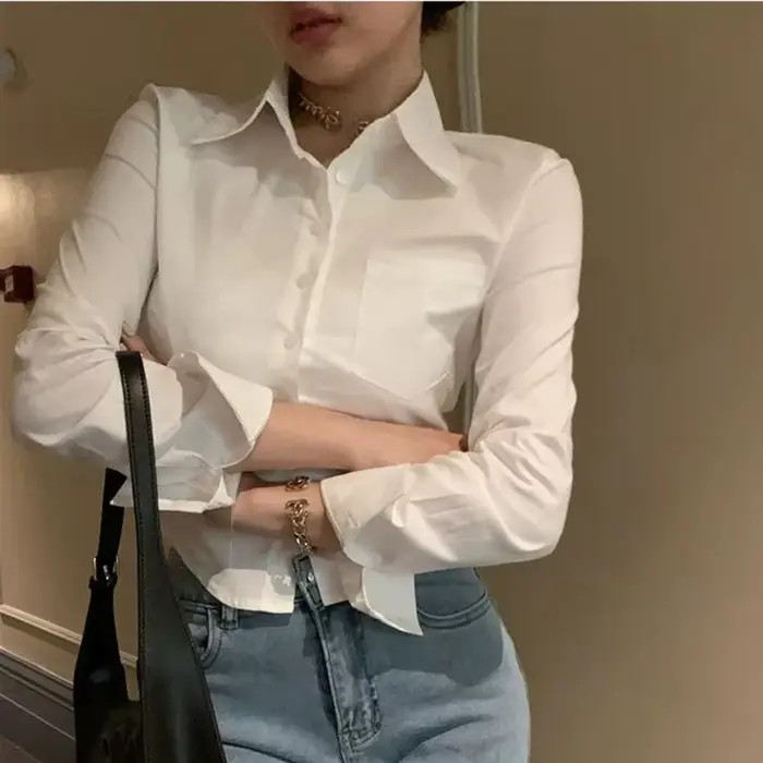Coréen blanc bureau femmes chemise en mousseline de soie poche bouton revers dames Blouse printemps