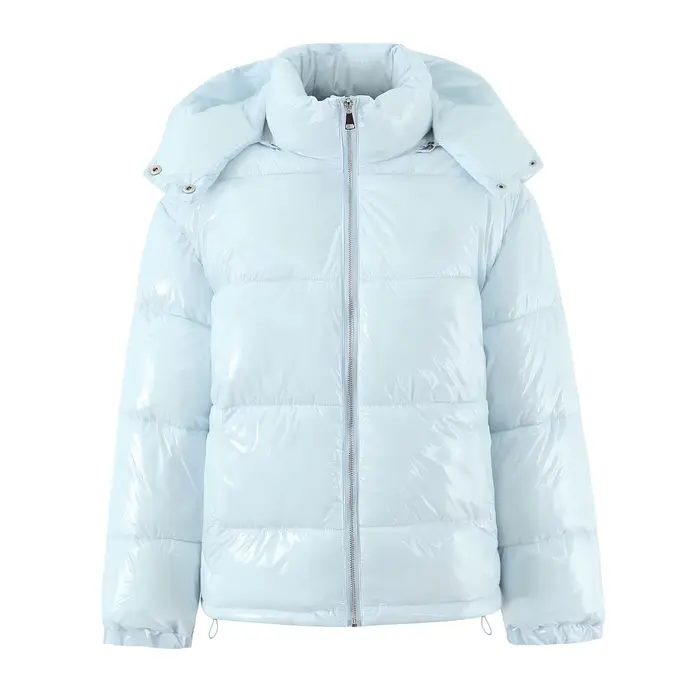 Nouveau hiver mode femmes bleu clair brillant fermeture éclair pain Parka manteau femme col montant 