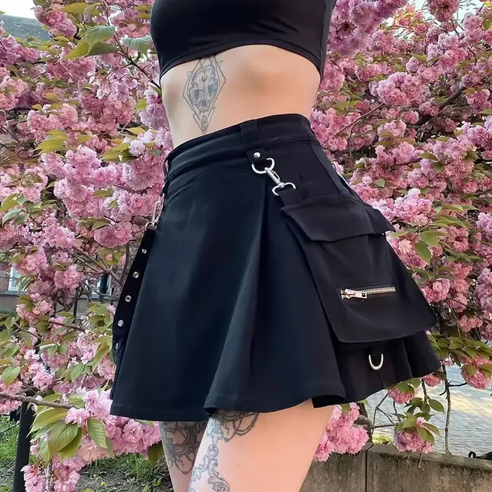 Harajuku punk gotická černá sukně s vysokým pasem pro ženy Sexy patchwork náplast mini