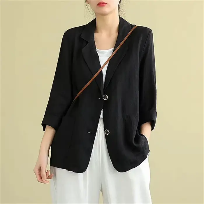 Costumes en coton et lin monochromes pour femmes, blazer fin à manches trois-quarts, veste de protec