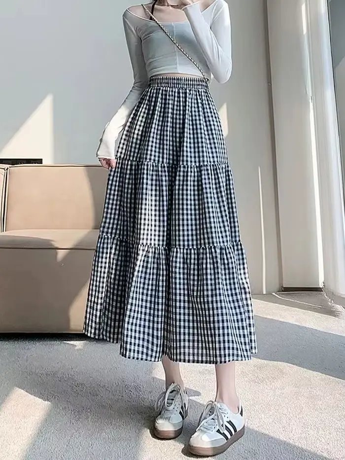 Jupe à plusieurs niveaux en Patchwork pour femmes, Vintage, à carreaux, taille haute, taille élastiq