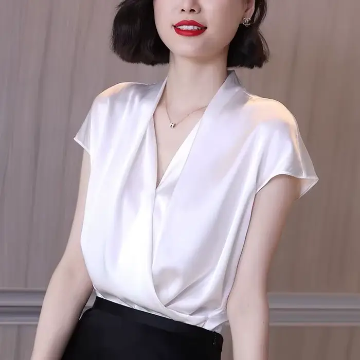 2026 été belles chemisiers pour femmes mode mousseline de soie col en V femmes Blouses Satin bureau