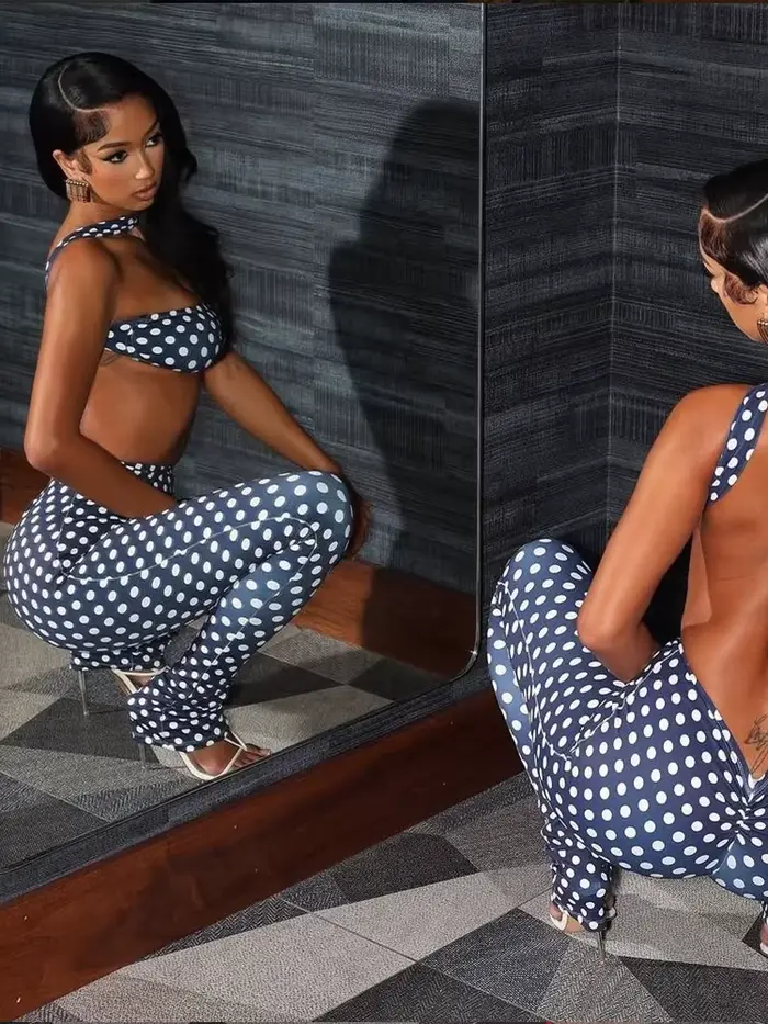 Kliou Sexy Mode 2 Pièce Ensemble Femme Polka Dot Imprimer Irrégulière Halter Dos Nu Débardeurs + Ski