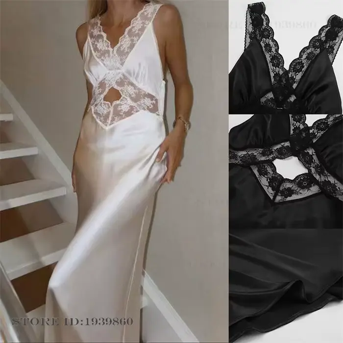 Chemise de nuit à bretelles pour femme, lingerie intime sexy, robe de nuit en dentelle ajourée, vêtements de nuit en soie satinée pour l'été, tenue d'intérieur