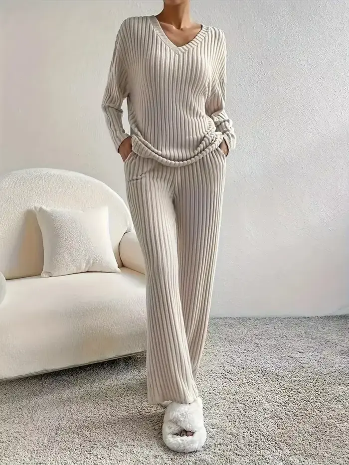 Ensemble pyjama 2 pièces pour femmes, vêtements de nuit, col en v, hauts et pantalons en tricot côtelé, vêtements de maison décontractés, automne et hiver