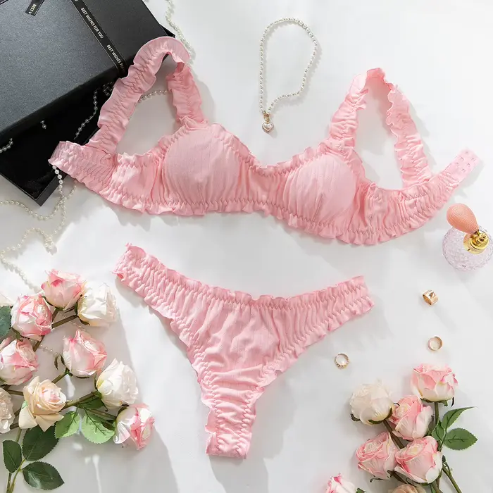 Sexy spodní prádlo set pro ženy s volánky, prodyšné, prolamované textury, bralette a měkké bavlněné vysoké pasové tanga pro každodenní použití