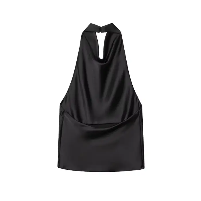 Dámský halter top 2026 – Saténový top s odhalenými zády v černé barvě