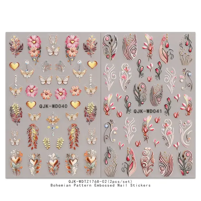 Autocollants pour nail art en relief à motif bohème, thème nostalgique rétro, décoration d'ongles fa