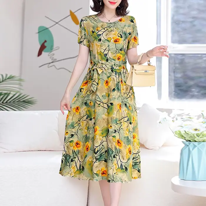 Robe d'été à col rond pour femmes, tenue de soirée en coton, grande taille, style bohème