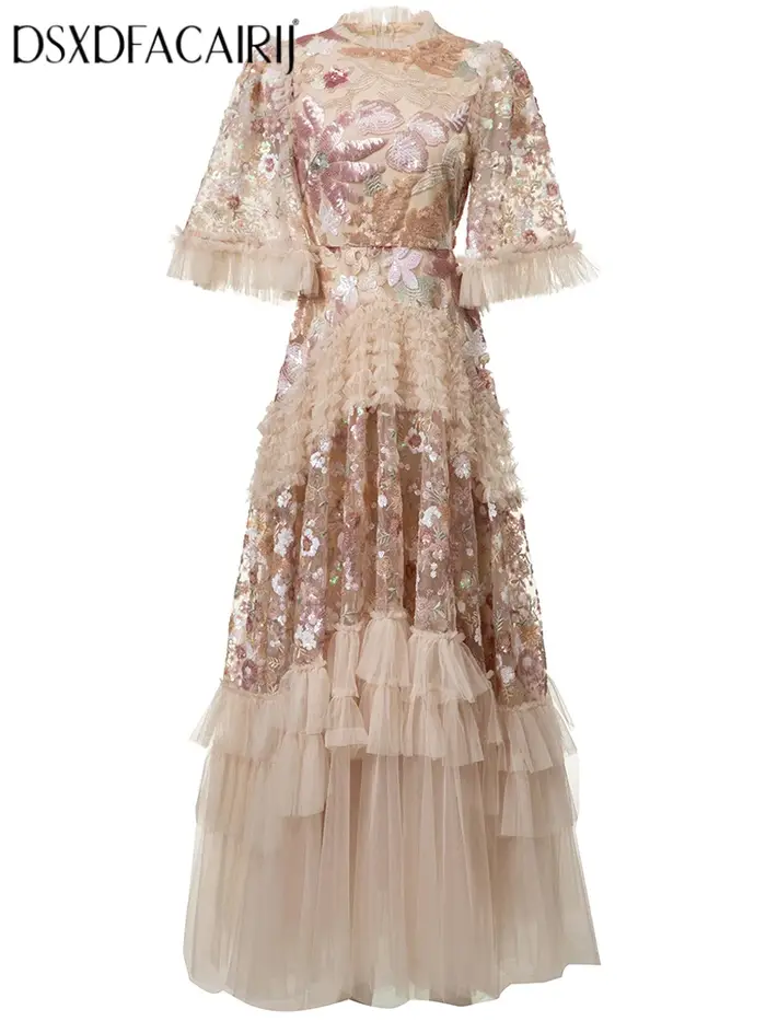 DSXDFACAIRIJ femmes paillettes fleur broderie col rond manches évasées à volants Vintage robe de bal