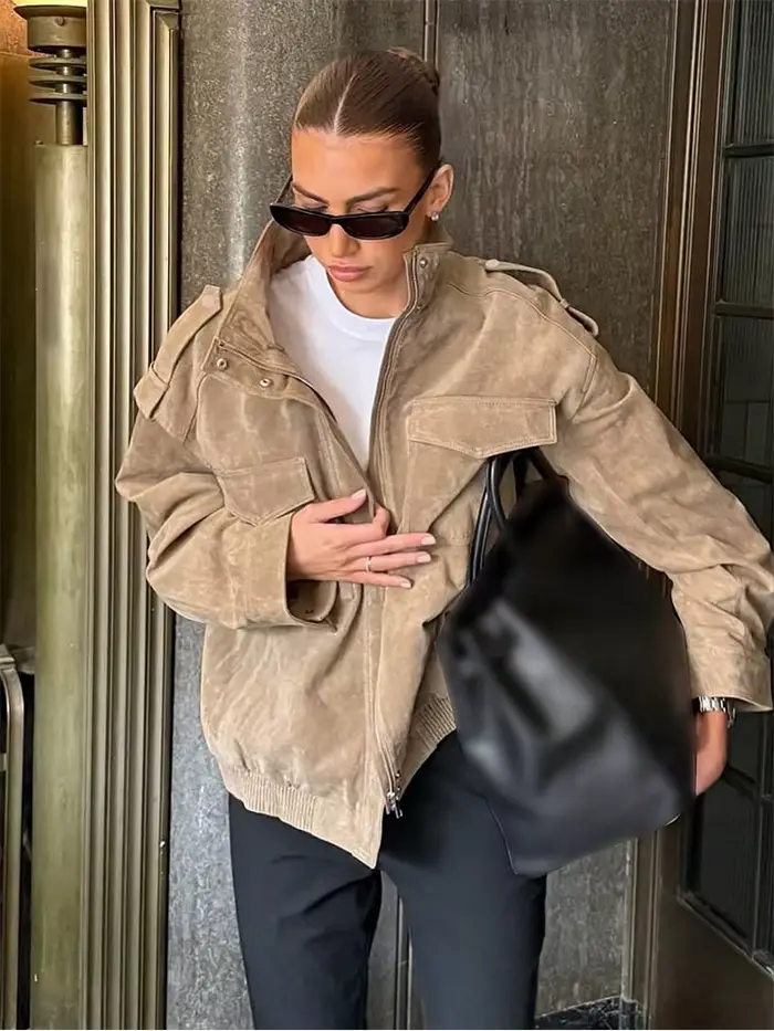 Veste en daim pour femme SLTNX, nouvelle collection printemps 2026, manteau décontracté chic à manch