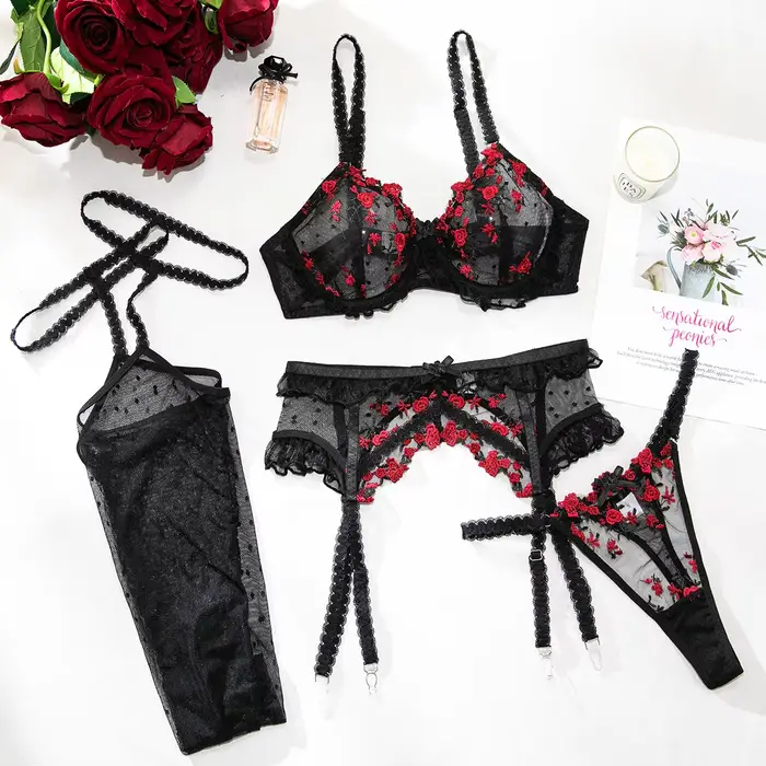 Ellolace – Ensemble de lingerie élégant pour femme, soutien-gorge romantique, porte-jarretelles et s