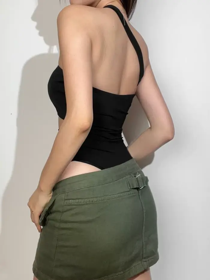 Body noir uni, Lingerie Sexy pour femmes, tenue de Club, col incliné, une pièce, ajouré, vêtements Y2k