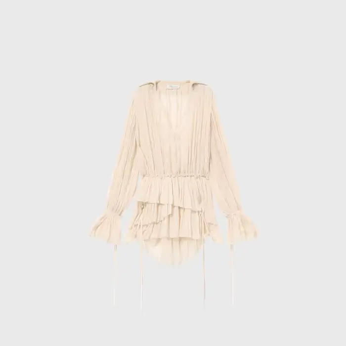 Chemisier femme beige à dentelle, col en V, manches longues, ourlet étagé à volants, en mousseline f