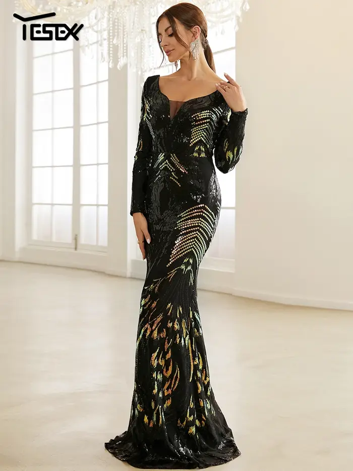 Yesexy nové večerní šaty pro ženy Stretch elegantní mořská panna Maxi vysoký pas s dlouhými rukávy výstřih do V odhalená záda