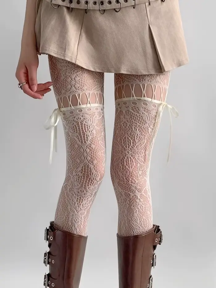 Collants beiges pour femmes, nouveau Design, Sexy, transparent, maille transparente, bas en résille, uniforme JK, sangle avec nœud papillon, bas en dentelle
