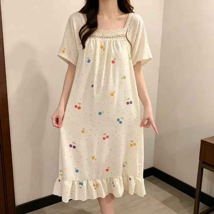 Robe de nuit décontractée pour femme à col carré, imprimé mignon, manches courtes, ourlet à volants, idéale pour l'été