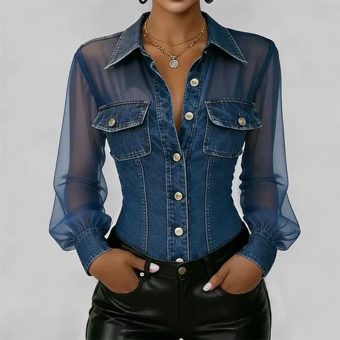 Chemisier vintage en jean et maille transparente pour femme, à manches longues, boutonné, col à reve