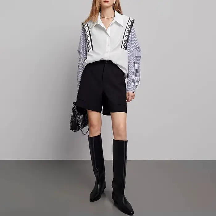 CHCH-Chemise à Manches sulfpour Femme, Haut Décontracté, Confortable, Simple, Rayé, Patchwork, Bleu 