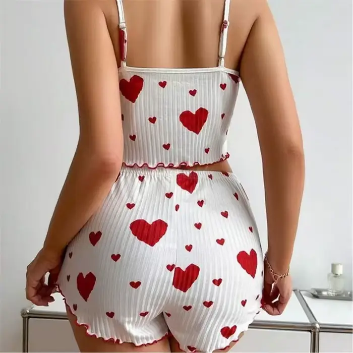 Dámská pyžamová sada, 5 velikostí na výběr, S M L XL 2XL, ramínko, oblečení na spaní, vesta + šortky, červený srdeční potisk, Sexy spodní prádlo