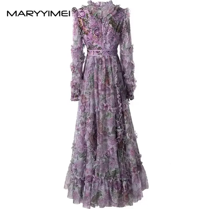 MARYYIMEI printemps été femmes robe à manches longues taille haute comestible arbre champignon bord