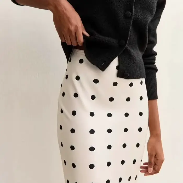 Jupes midi à pois pour femmes, été 2026, taille haute, en satin, patchwork, dentelle, robe décontrac