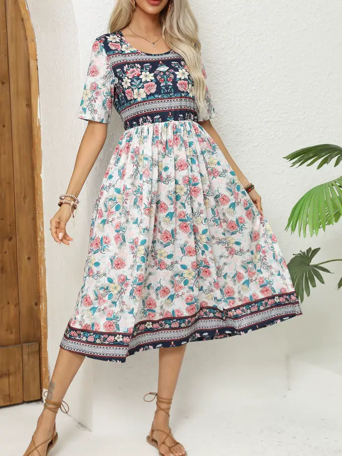 Robe imprimée bohème à manches courtes et col rond pour femmes, jupe longue pour dames, Europe et Am