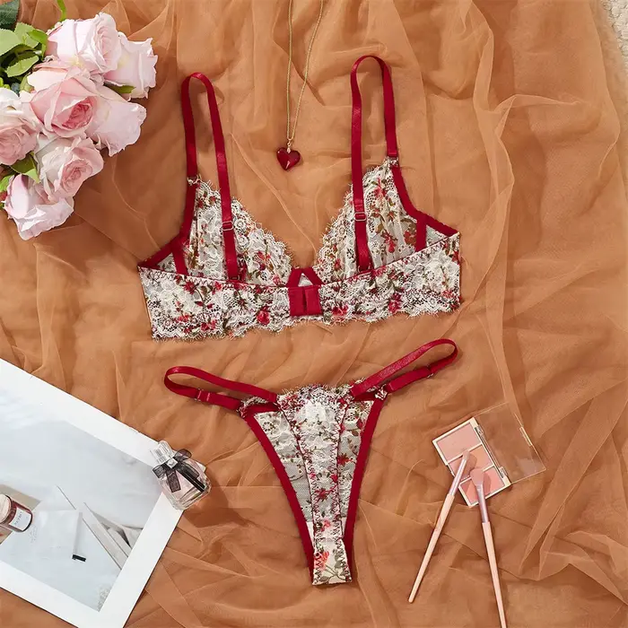 Ensemble de soutien-gorge en dentelle florale élégant avec bretelles rouges pour femmes, luxe quotidien, romantisme, confort, occasions spéciales