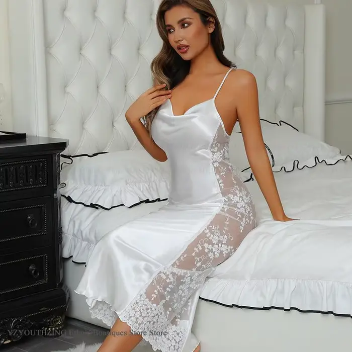 Chemise de nuit longue ajourée, Sexy, vêtements de nuit, Patchwork, Perspective, dentelle, Lingerie pour femmes, vêtements de maison, rayonne