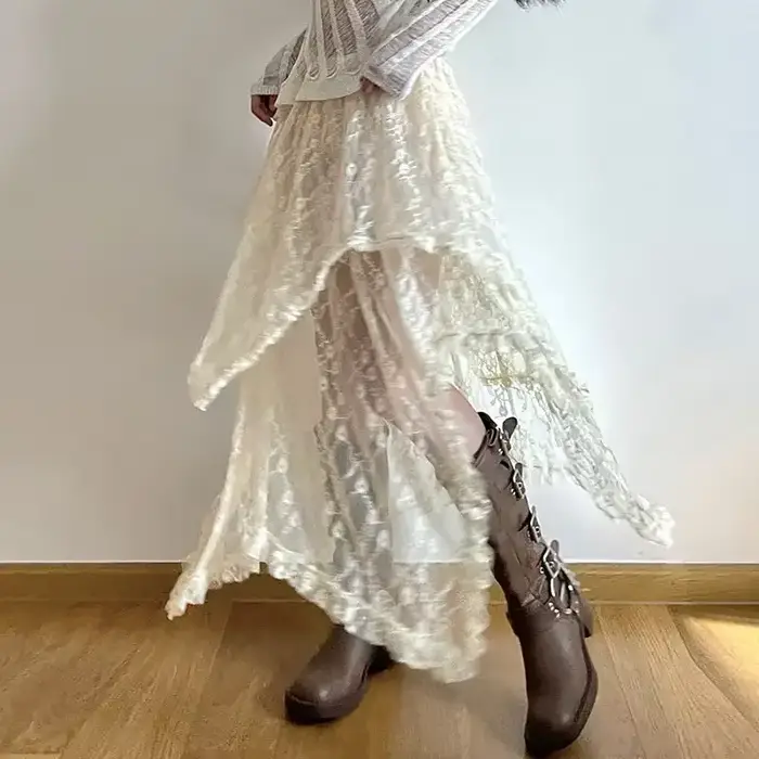 Jupe asymétrique en dentelle Fairycore pour femmes, Vintage Y2K Boho, mode esthétique, taille haute,