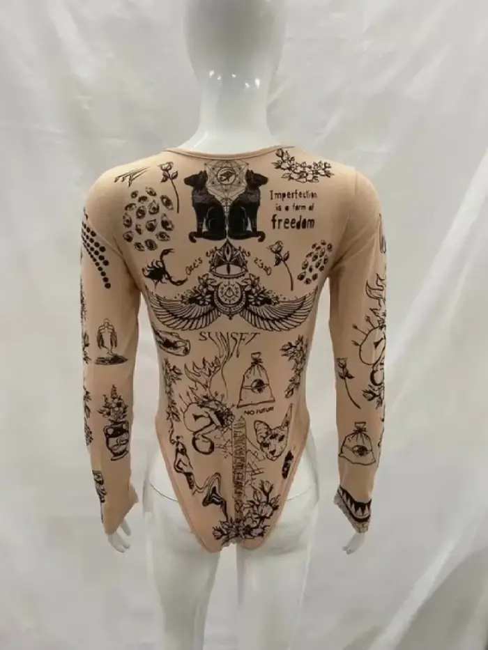 body Dlouhý rukáv potisk Tattoo Nude pro ženy, Y2K Fit