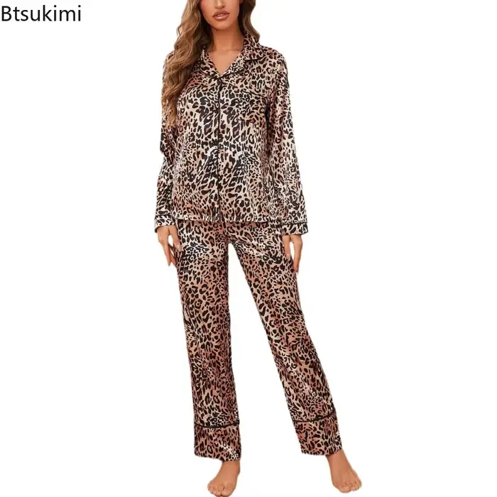 Pyjama en soie glacée imprimé léopard pour femme, ensemble deux pièces, vêtements de nuit en Satin, vêtements de maison, printemps et automne