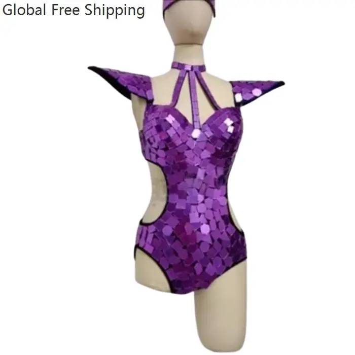 Body miroir en polyester pour femmes, costume de danse avec paillettes or argent, épaules volantes, ajouré, tenue rave, vêtements de spectacle gogo occasions spéciales