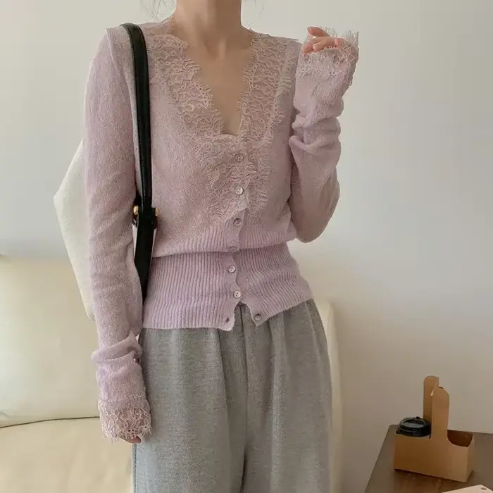 Seoulish-Cardigans Vintage en Dentelle pour Femme, Couleur Unie, Décontracté, Slim, Style Coréen, No