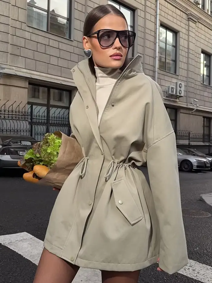 Suninheart col montant cordon taille Trench veste femme trajet manches longues décontracté femmes mi