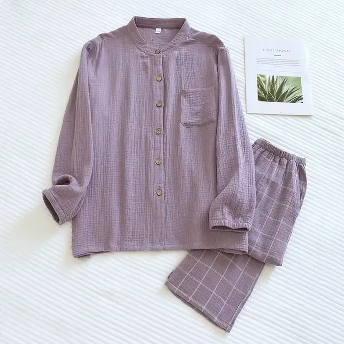 Ensemble de vêtements de nuit pour couple, style japonais, tissu crêpe 100% coton, manches longues, 