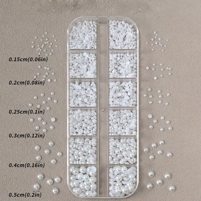 12 grilles de perles blanches 3D, breloques pour ongles, 1.5-5mm, perles rondes/demi-rondes, strass,