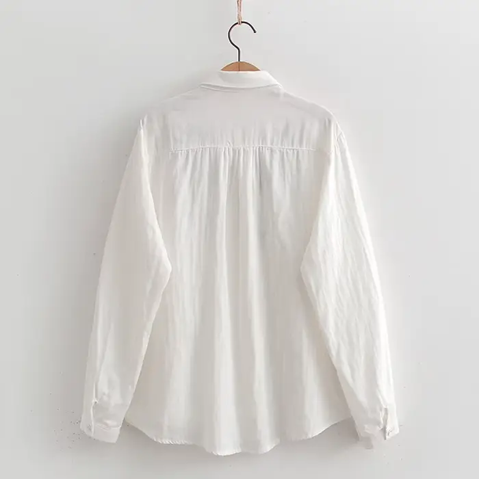 Chemise brodée de fleurs en fil double couche pour femmes, chemisier en coton femme, manches longues