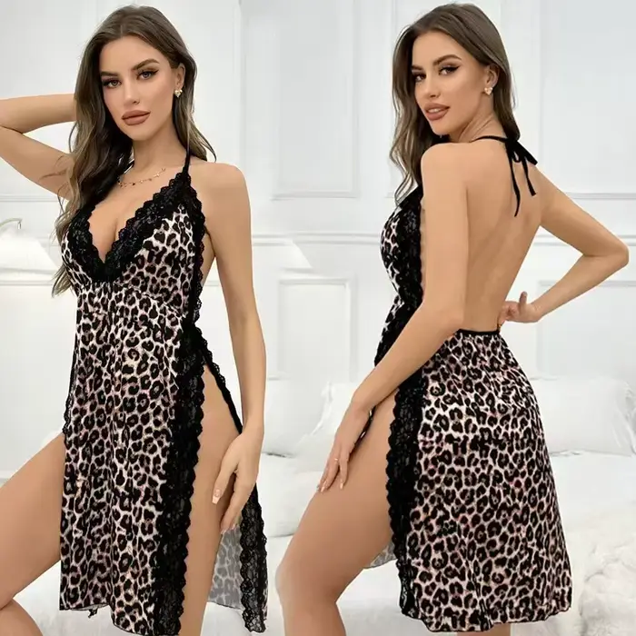 Sexy bez zad noční košile potisk leopard s krajkou hranice, hluboký V-neck spodní prádlo šaty pro ženy, sexy elegantní boční štěrbiny měkké noční prádlo